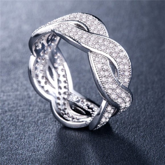 "Wave Crystal Zircon Romantic Iced Out Silver Plated Diamond Ring, UNVN12359 - Picture 1 of 2